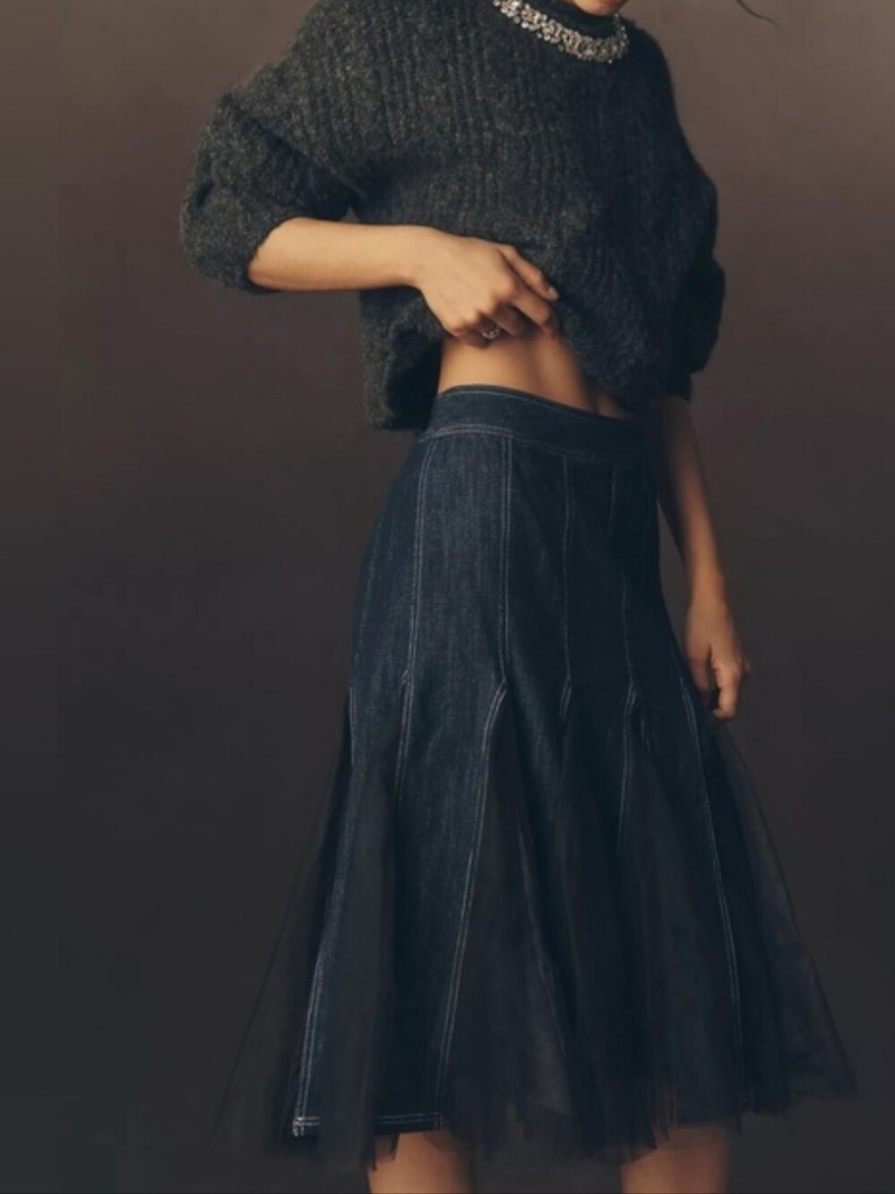 Pilcro Denim Skirt with Black Tulle Panels